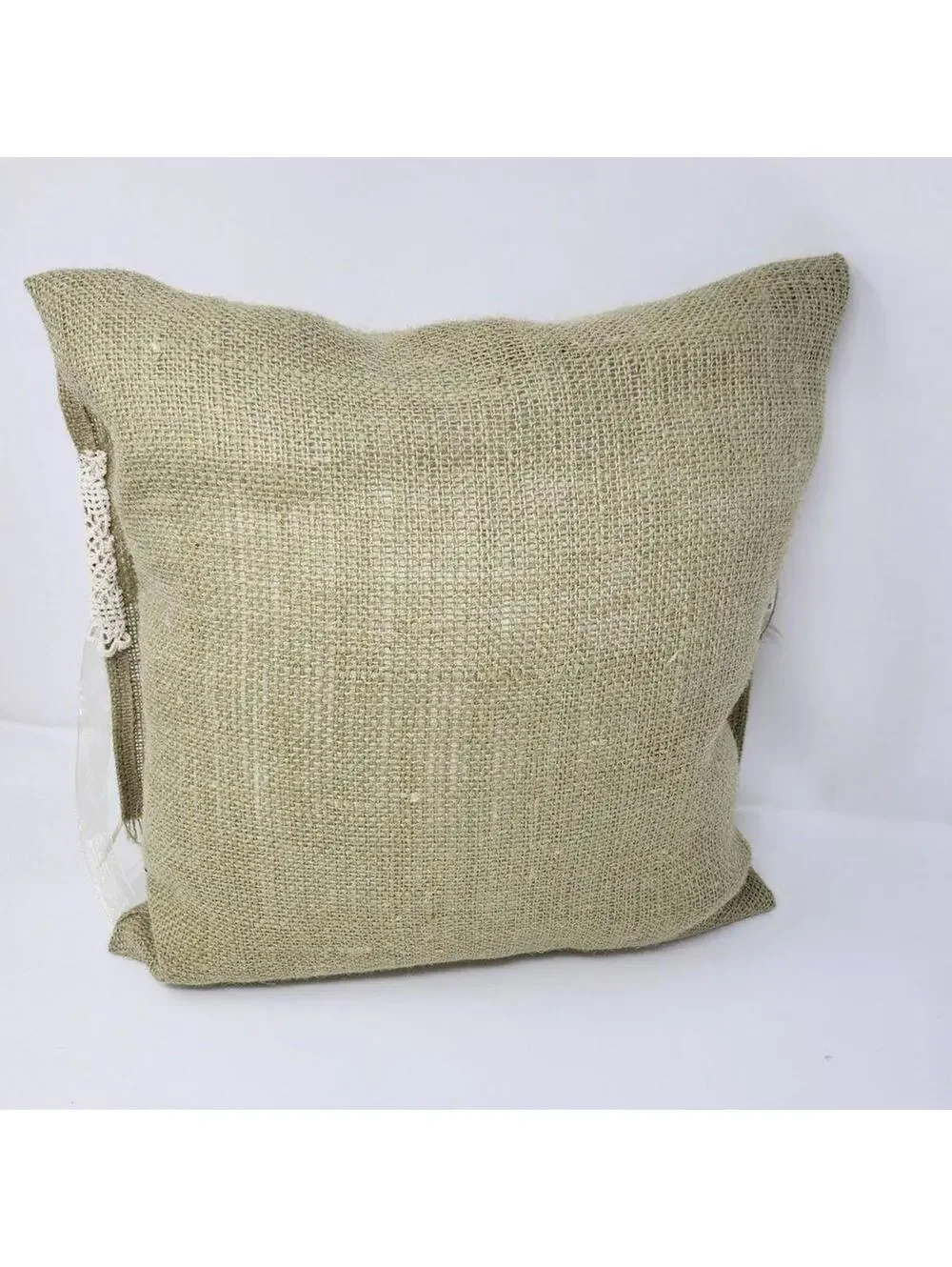 Rustic Burlap Lace Decorative Pillow 14x14 Farmhouse Cottage